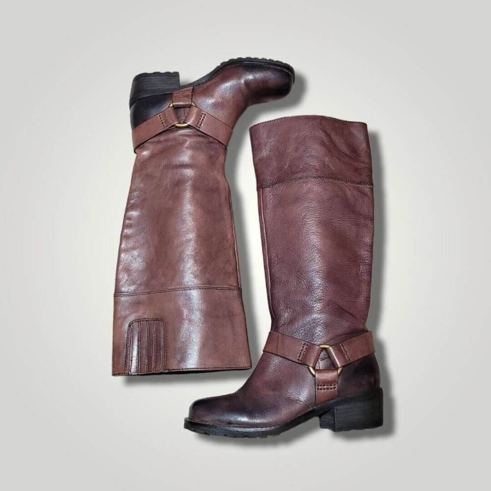 Lucky Brand Brown  Leather Pull on Triple Harness Knee High Riding Boots Sz 5.5